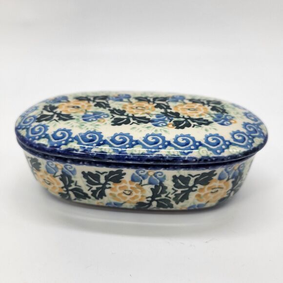 Polish Pottery Unikat Oval Lidded Trinket Box Floral Hand Painted Boleslawiec - Picture 2 of 12